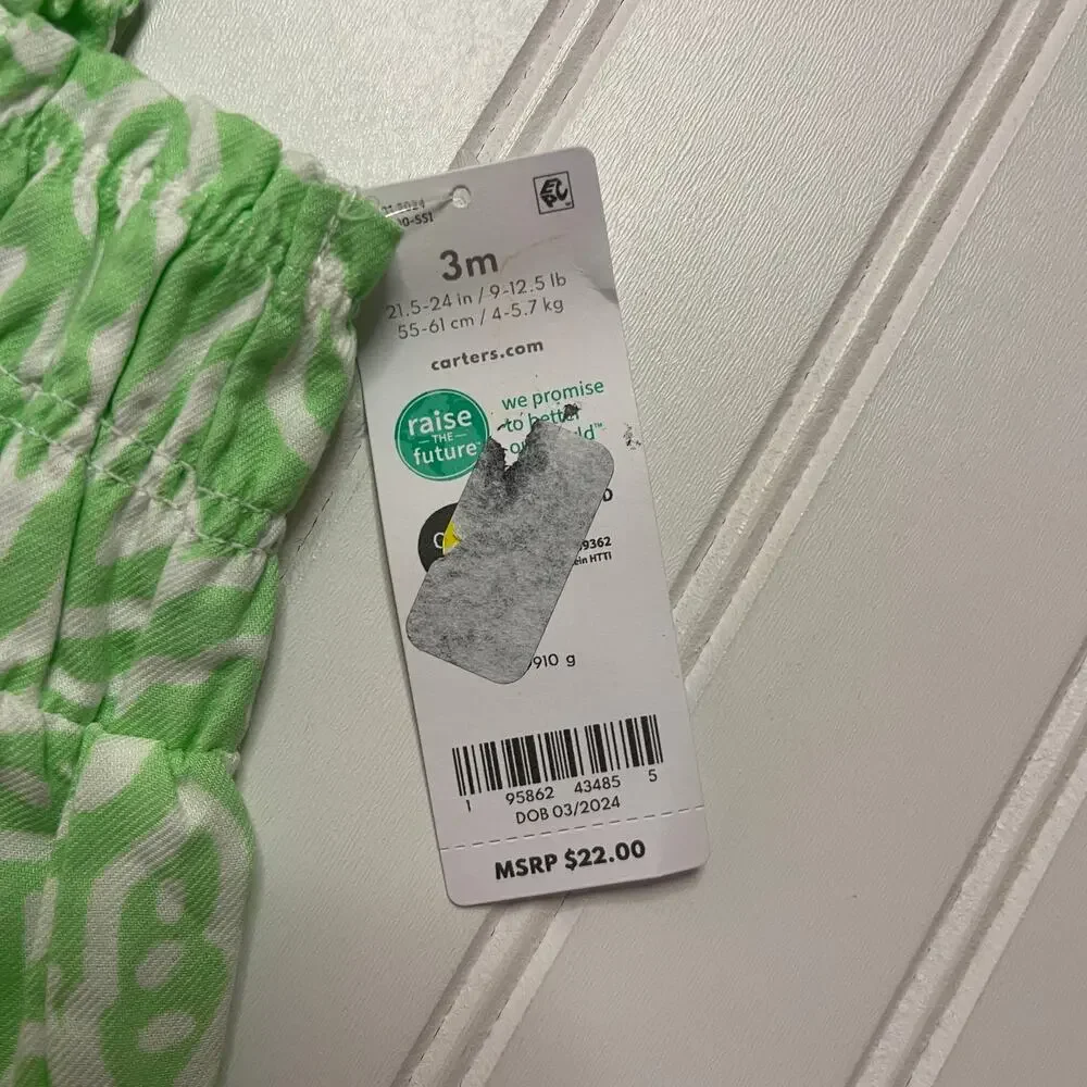 NWT Carters Green White Romper Floral Palm Leaves‎ Size Girls 3 Months